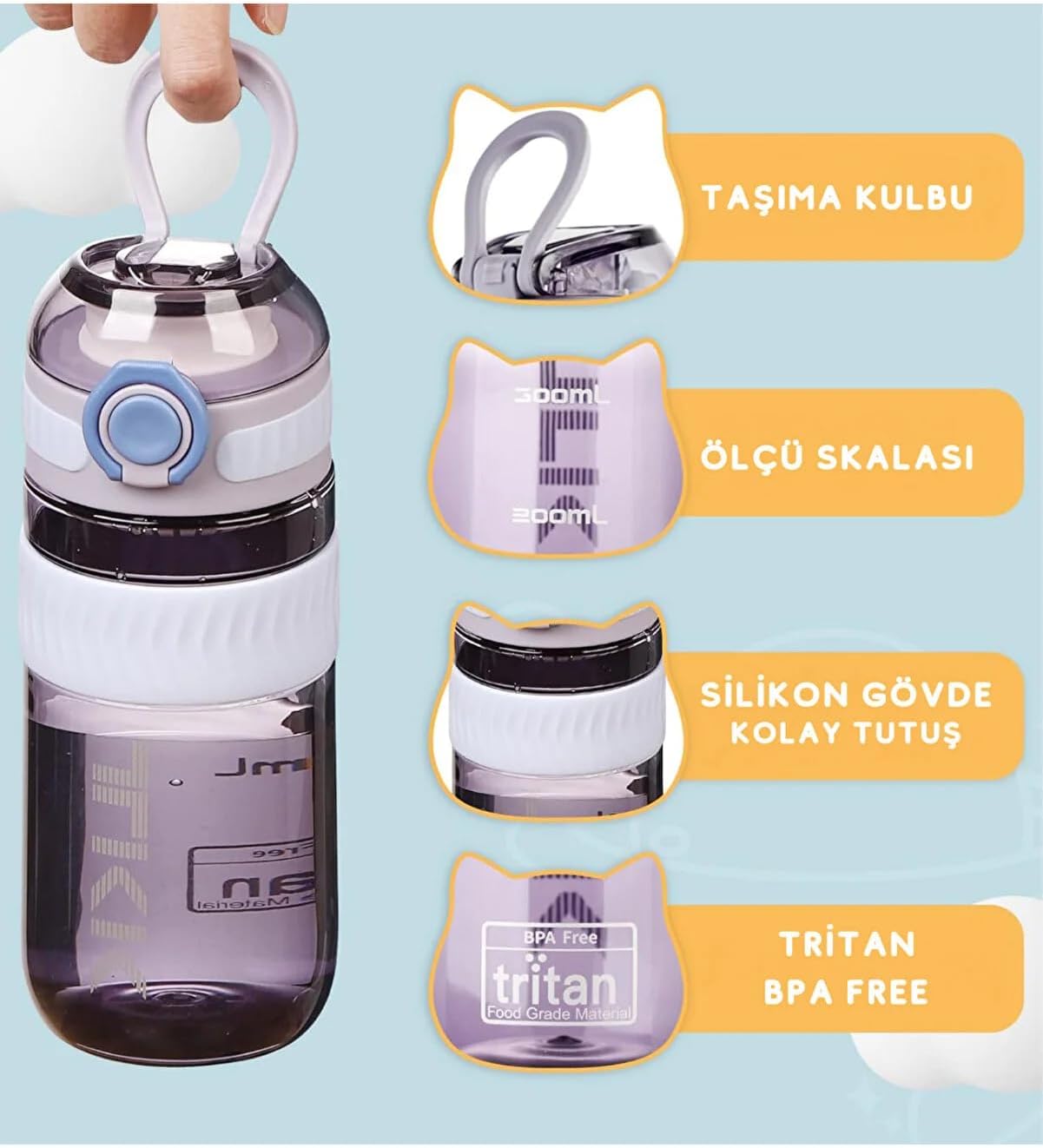TKK 550ml Kilitlenebilir Kapak Rahat İçim Taşıma Kulplu Tritan Spor Matara (Mor)