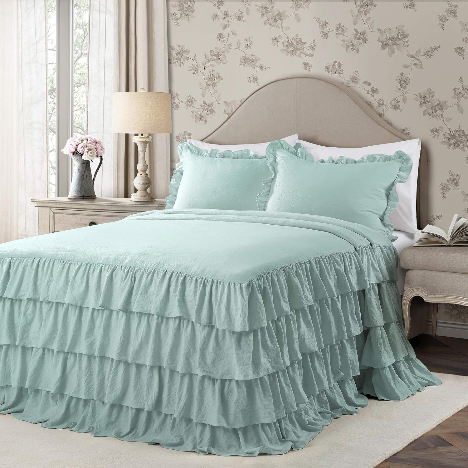 Aqua Allison Fırfırlı Etek Yatak Örtüsü Vintage Şık Çiftlik Evi Tarzı Hafif 3 Parça Set Queen