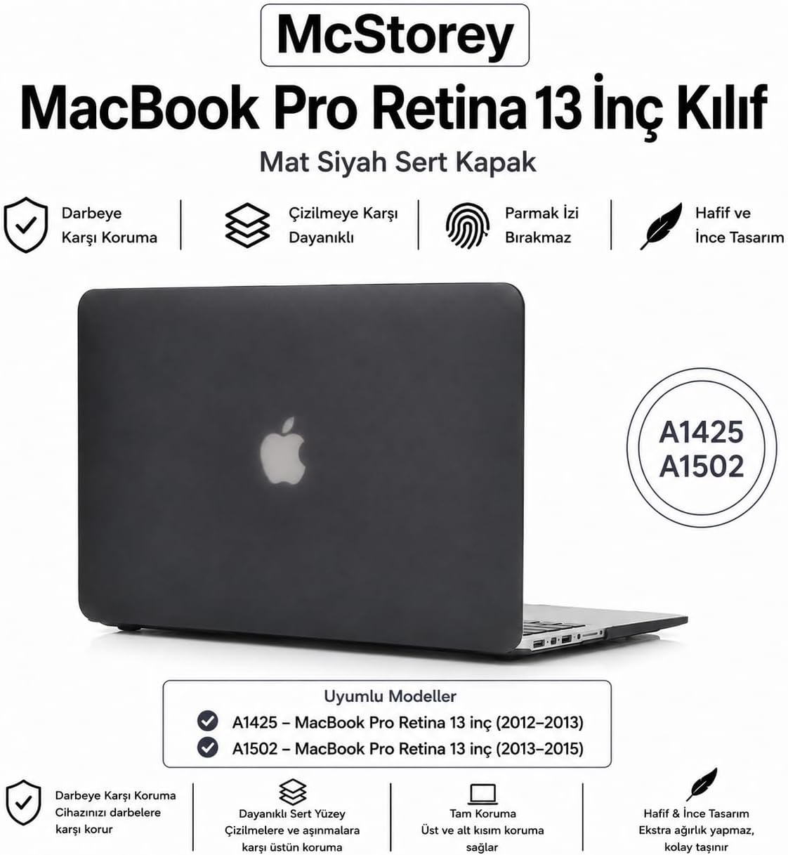 MacBook Pro 13 İnç Kılıf A1425 A1502 Uyumlu Sert Kapak Hard Case Koruyucu Retina 13 İnç Laptop Kılıfı Çizilme ve Darbelere Dayanıklı İnce Hafif Tam Korumalı Kapak Siyah