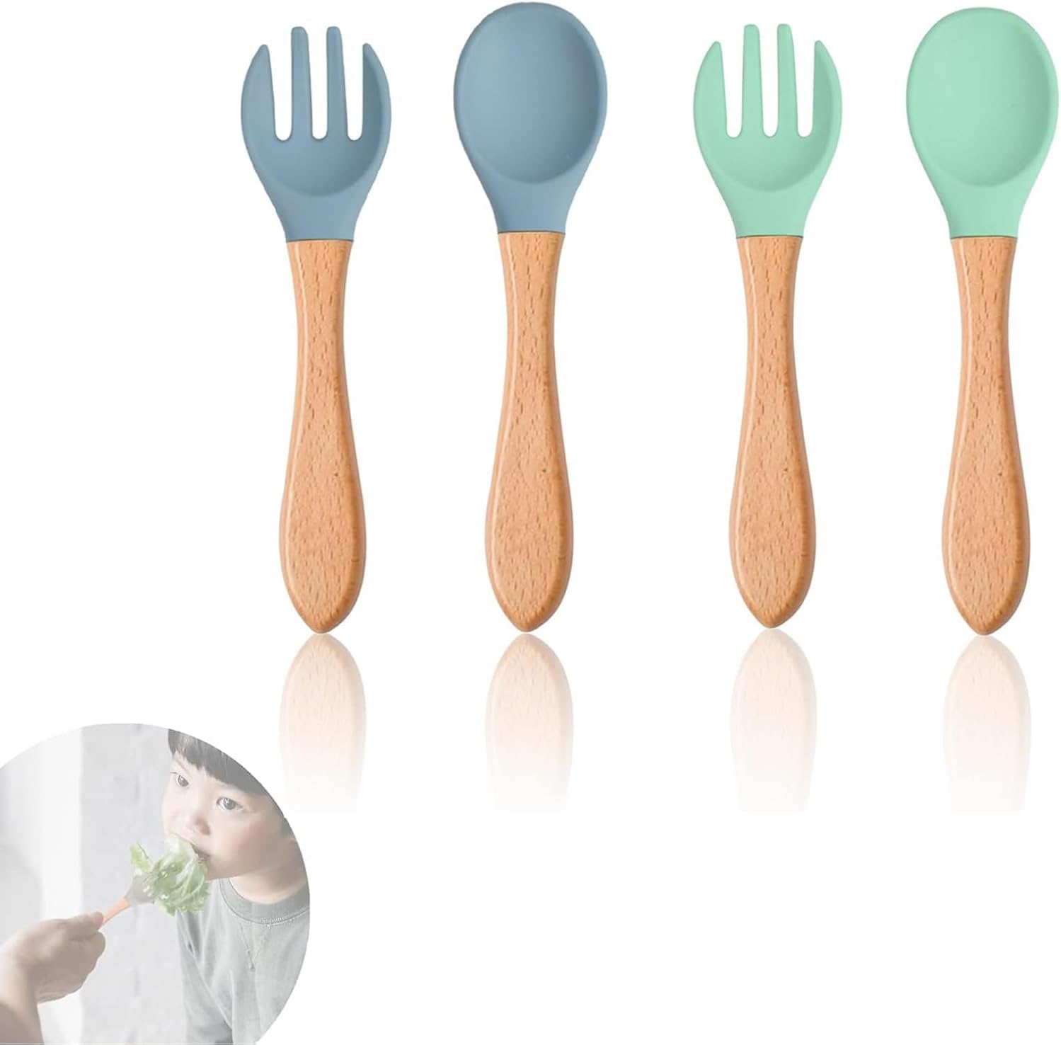 Yürümeye başlayan çocuk mutfak eşyaları seti, çatal ve kaşık takımı, 4 Parça silikon beslenme seti, Kolay kavramalı bebek çatal bıçak takımı, Bebekler ve küçük çocuklar için ilk yemek eğitim
