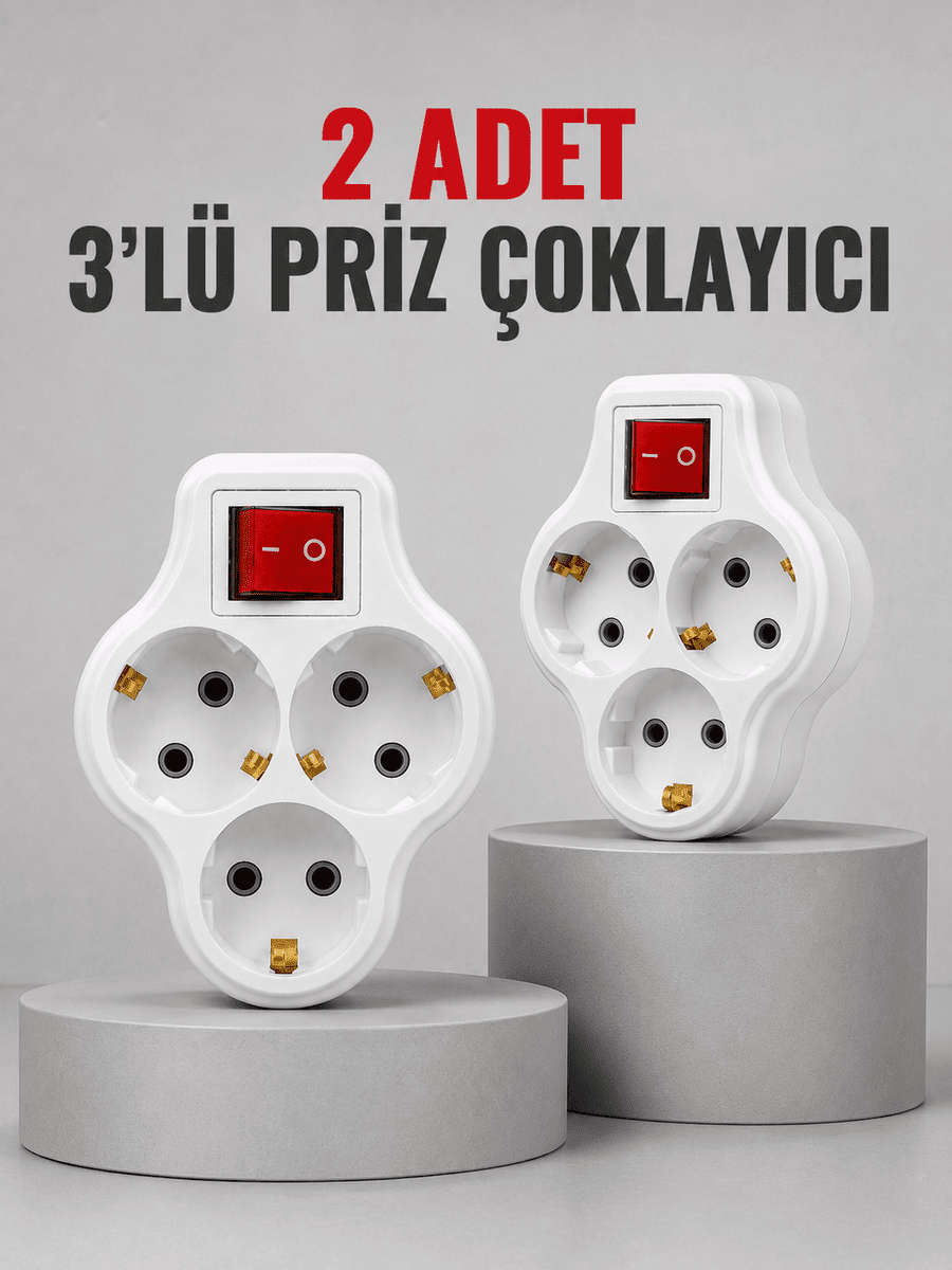 Direkt Duvar Prizine Takılan 3’lü Priz Adaptörü Anahtarlı Priz Çoklayıcı 2 Adet