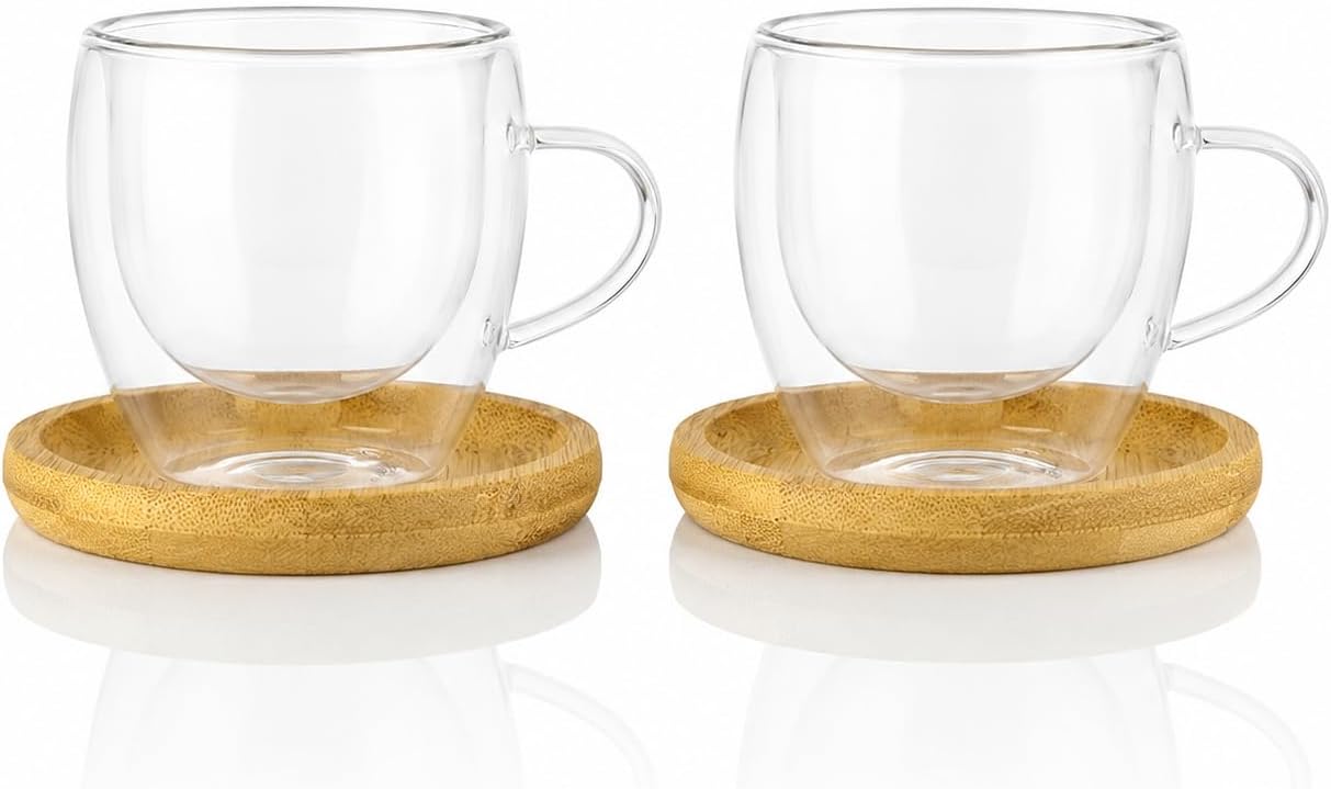 2'li Çift Cidarlı Cam Kupa 90 ml & Bambu Tabak Seti – Isı Korumalı Şeffaf Cam Kahve Fincan Takımı