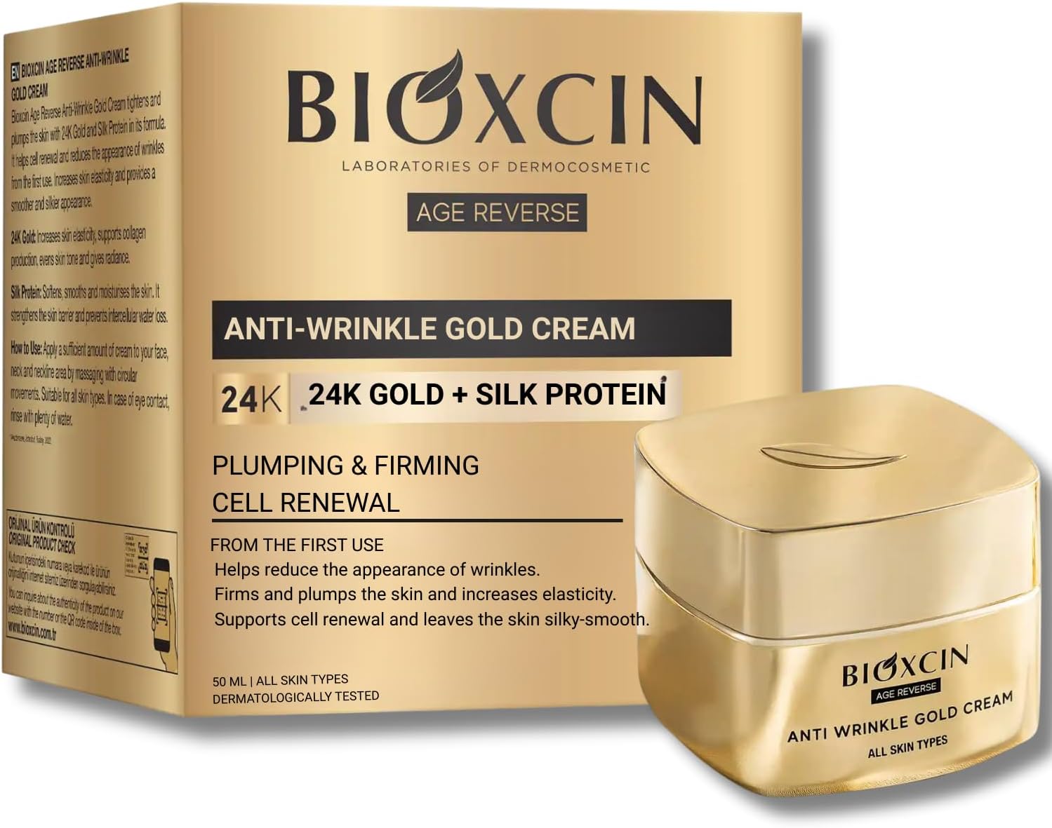 Age Reverse Kırışıklık Karşıtı Altın Krem 50 ml – 24K Altın, İpek Proteini, Pantenol ve Zeytinyağı İçerikli – Cilt Sıkılaştırıcı ve Nemlendirici
