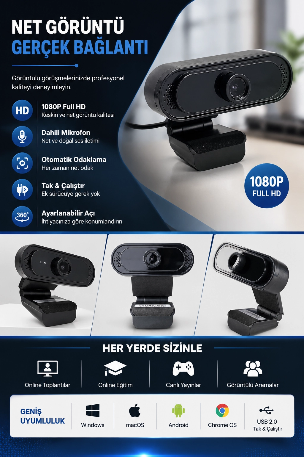 WebCam Orjınal 1080p HD Konferans Kamera Dahili Mikrofon Görüntülü Sohbet Yayın Kamerası HD Video AE-112