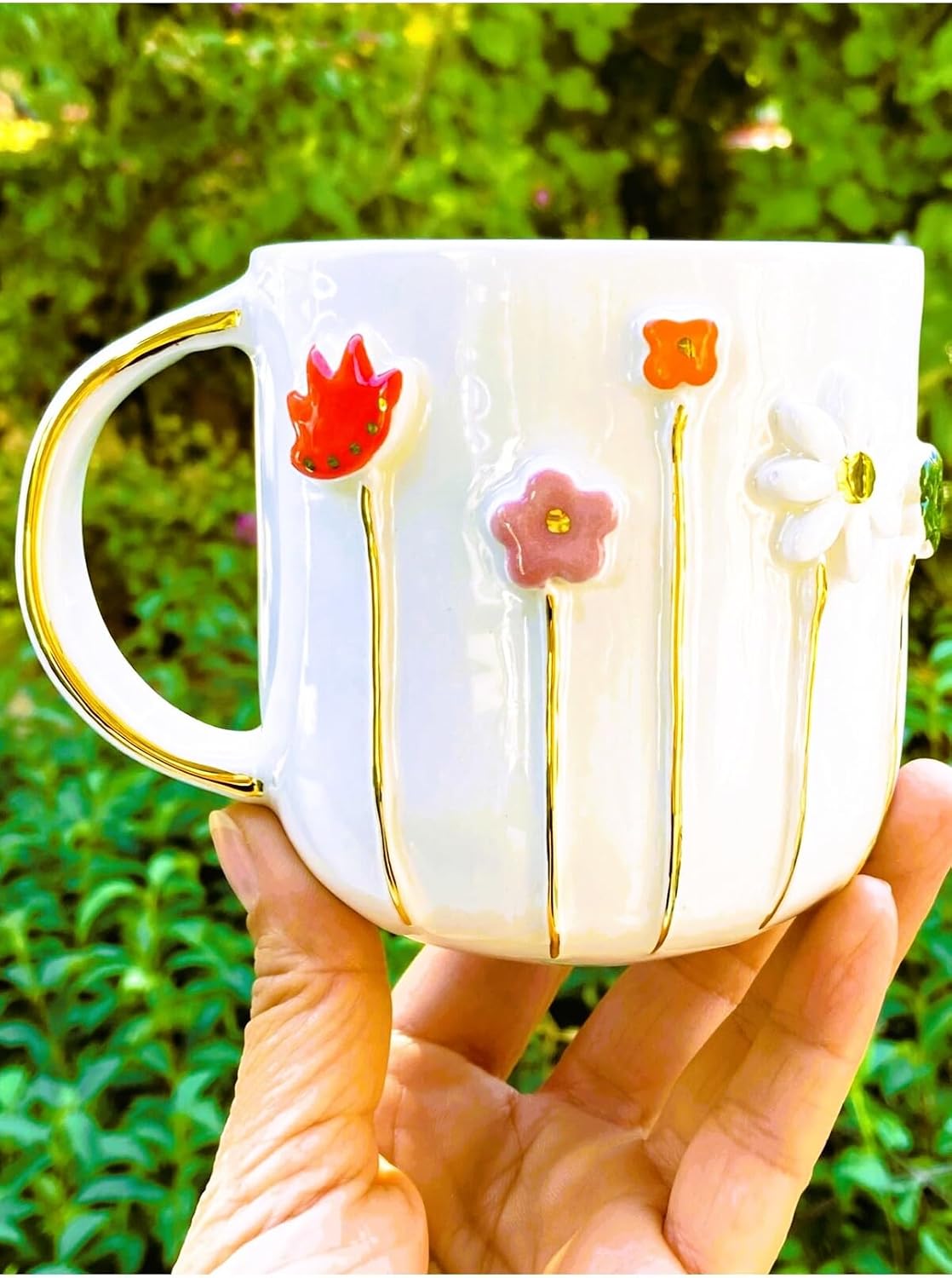 24 Ayar Altın Detaylı Ilkbahar Çiçek Kabartmalı 450 Ml El Yapımı Mug Spring Flower