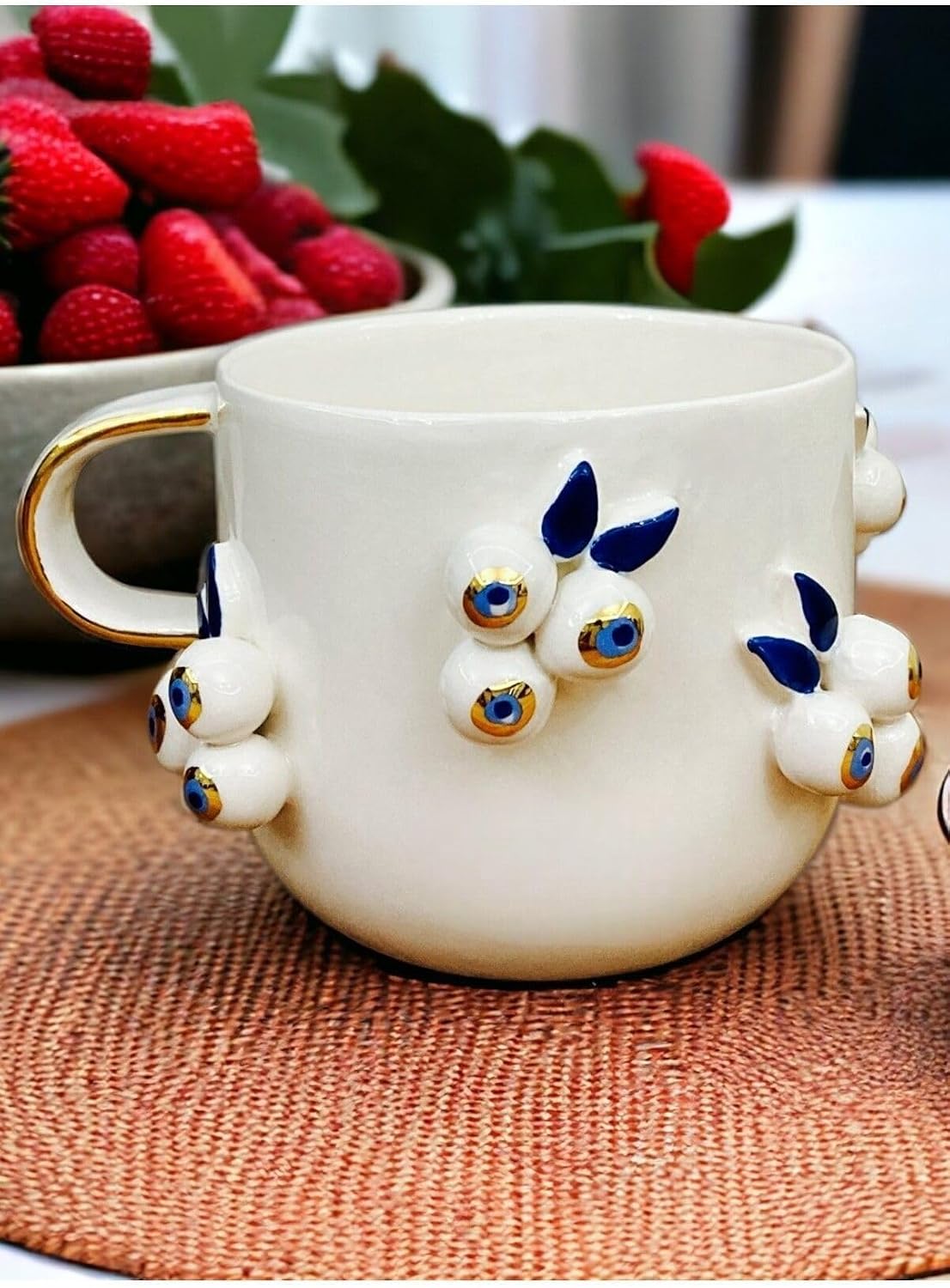 24 Ayar Altın Dekorlu Nazar Kabartmalı El Yapımı Mug Evil Eye Cup 300 ml