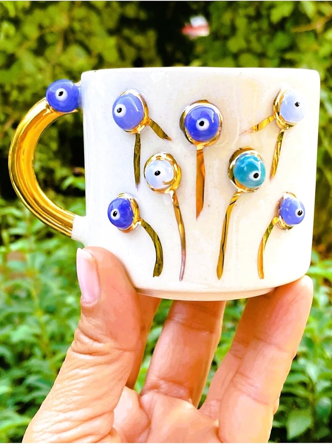 24 Ayar Altın Detaylı Nazar Mug Hayat Ağacı Kabartmalı El Yapımı Sağ Evil Eye 200 ml Nha