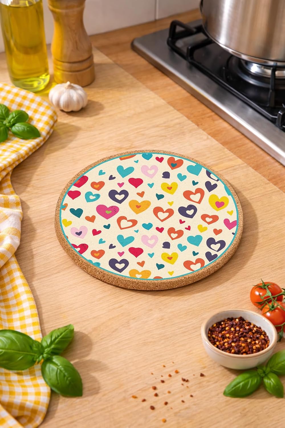 Renkli Kalpler Mantar Nihale Tencere Tava Altlığı 19cm çapında 1cm Kalınlığında