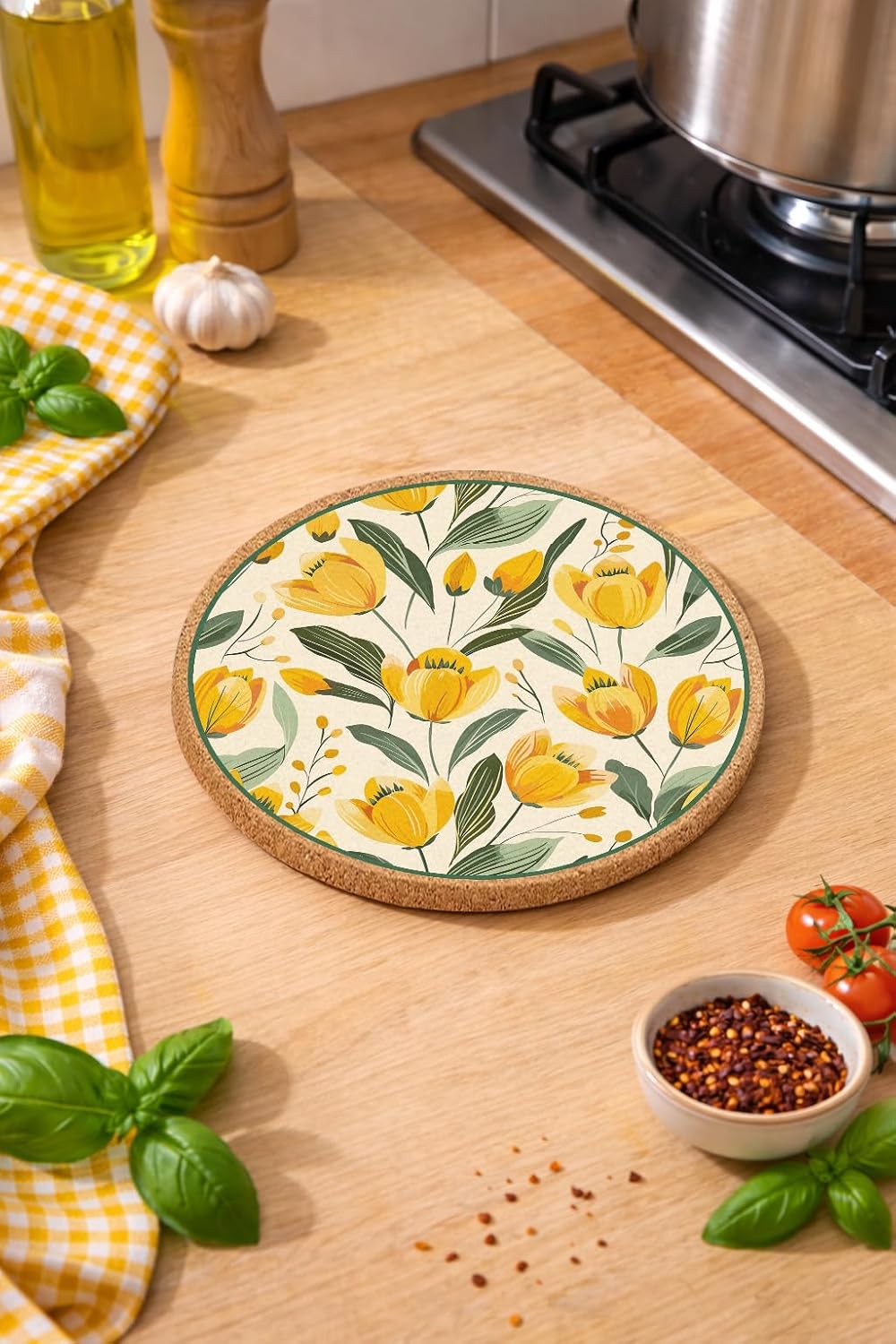 Sarı Çiçek Desenli Mantar Nihale Tencere Tava Altlığı 19cm çapında 1cm Kalınlığında