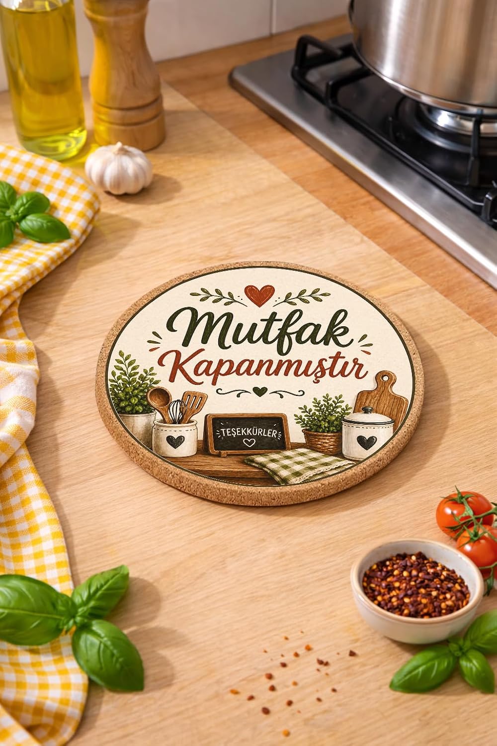 Mutfak Kapanmıştır Esprili Mantar Nihale Tencere Tava Altlığı 19cm çapında 1cm Kalınlığında
