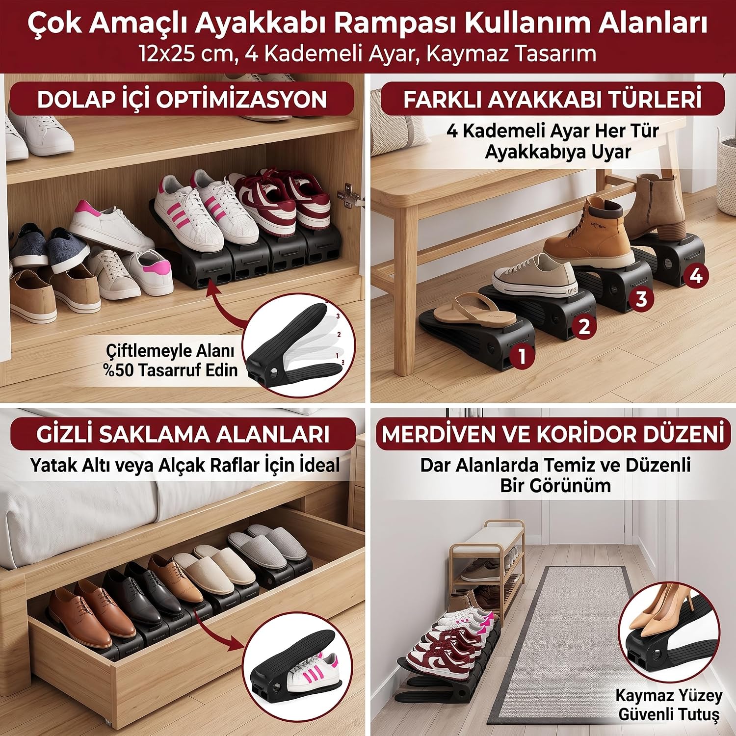Ayarlanabilir Ayakkabı Rampası (12x25 cm) - 4 Kademeli Dolap İçi Ayakkabı Düzenleyici Organizer, Kaymaz Siyah Plastik Ayakkabılık Çiftleme Rampası