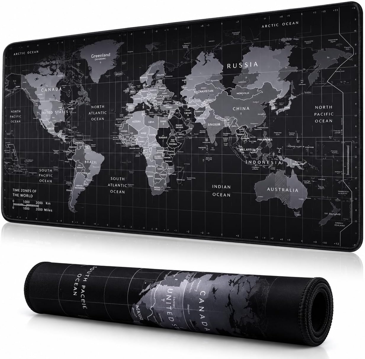 90x40 cm Mouse Pad, Dünya Haritası Desenli Büyük Mouse Pad, Kaymaz Kauçuk Tabanlı, Dikişli Kenarlı 3 mm Klavye ve Mouse Altlığı, XXL Desk Mat, Ofis ve Gaming Masa Pedi