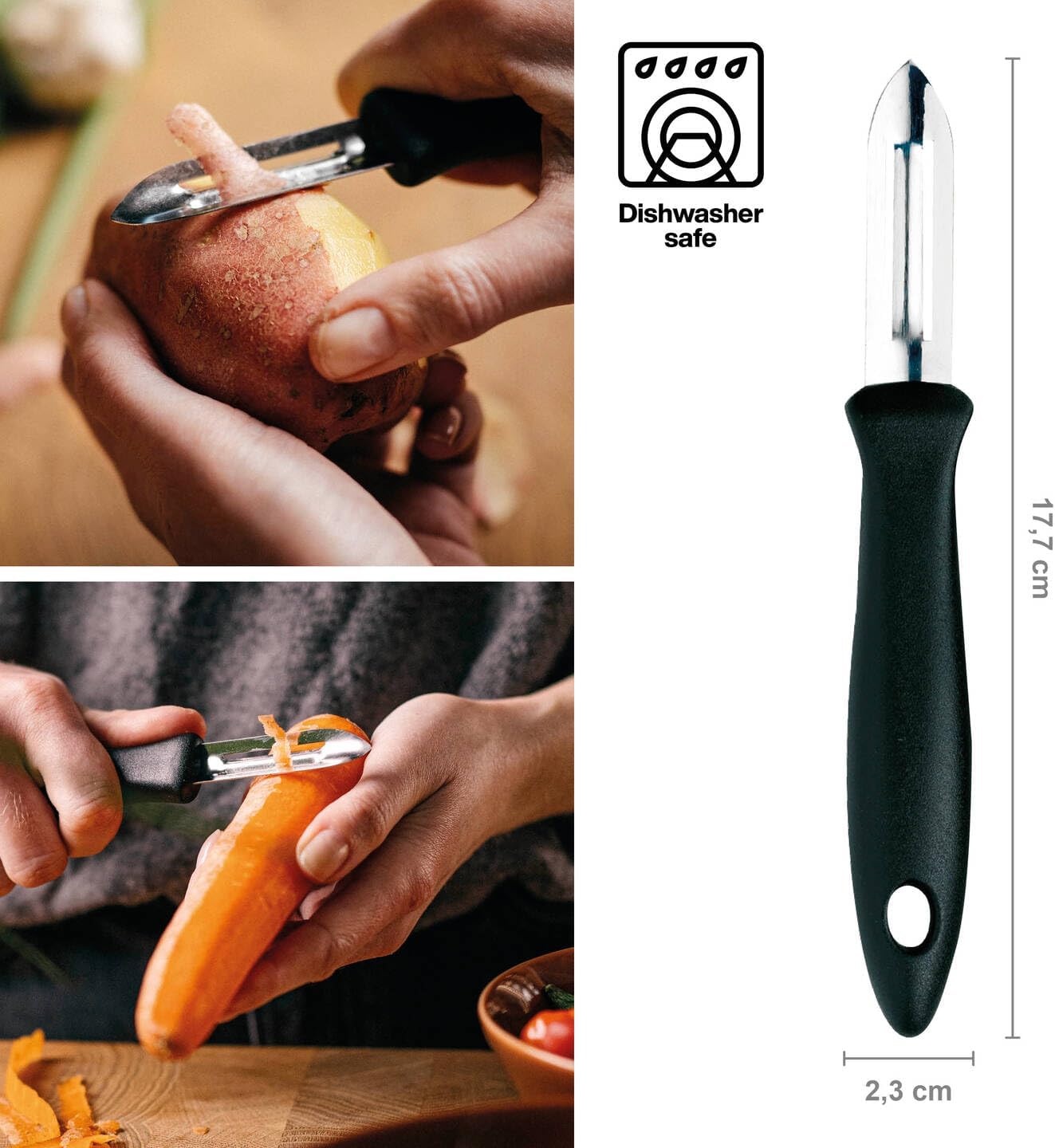 Meyve ve sebzeler için paslanmaz çelik bıçaklı soyucu, plastik/paslanmaz çelik, bıçak uzunluğu: 6 cm, Essential, siyah/gümüş, 1065585