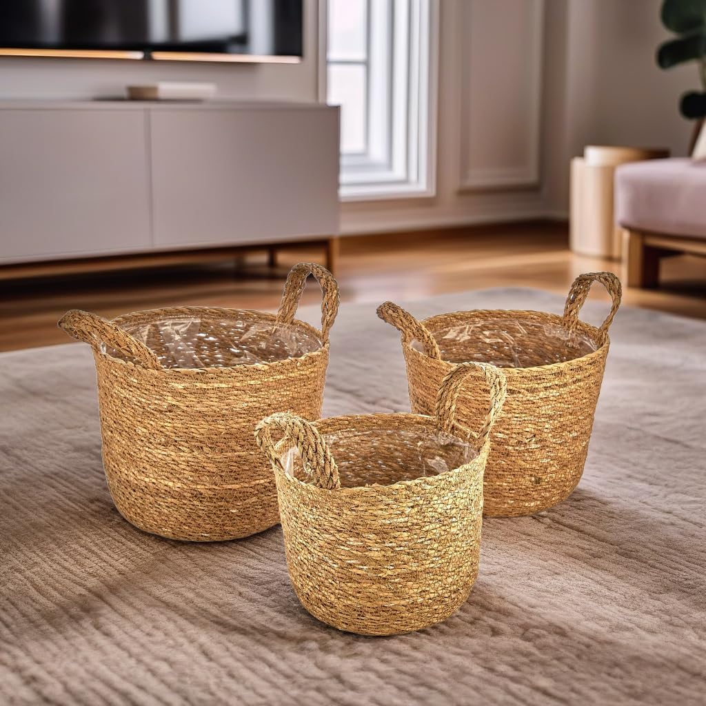 3'lü El Yapımı Doğal Hasır Kulplu Yuvarlak Saksı Seti, Hasır El Yapımı Suya Karşı Koruma Poşetli Yuvarlak Örgü Saksı 3'lü Set, Rattan Saksı Seti, (24cm*22cm-22cm*20cm-20cm*18cm)