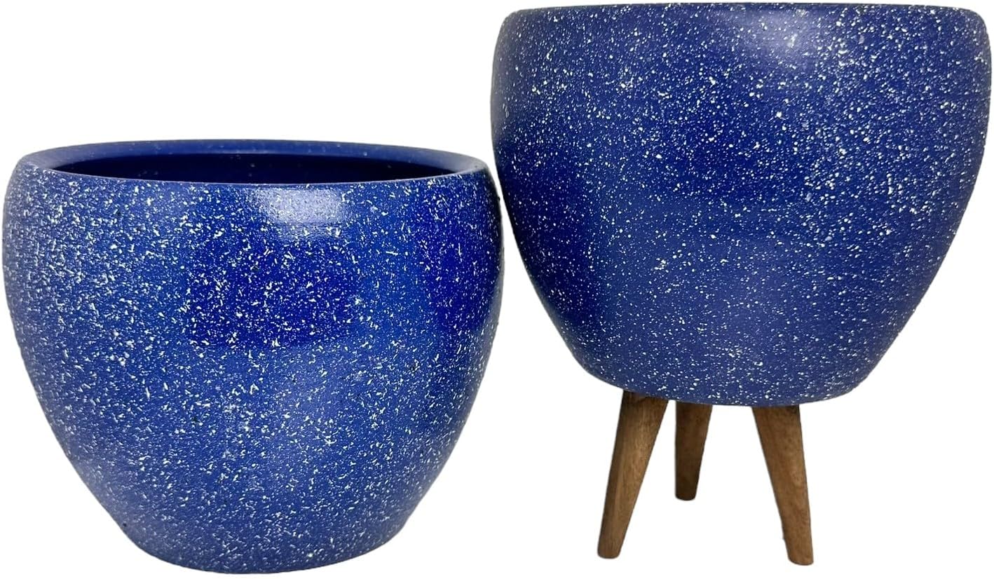 Bitki Tasarımı Ev Dekorasyon Lacivert Granit Toprak Saksı Saksılık Salon Çiçeklik İkili Set Ayaksız - 3 Ayaklı- 15 Cm