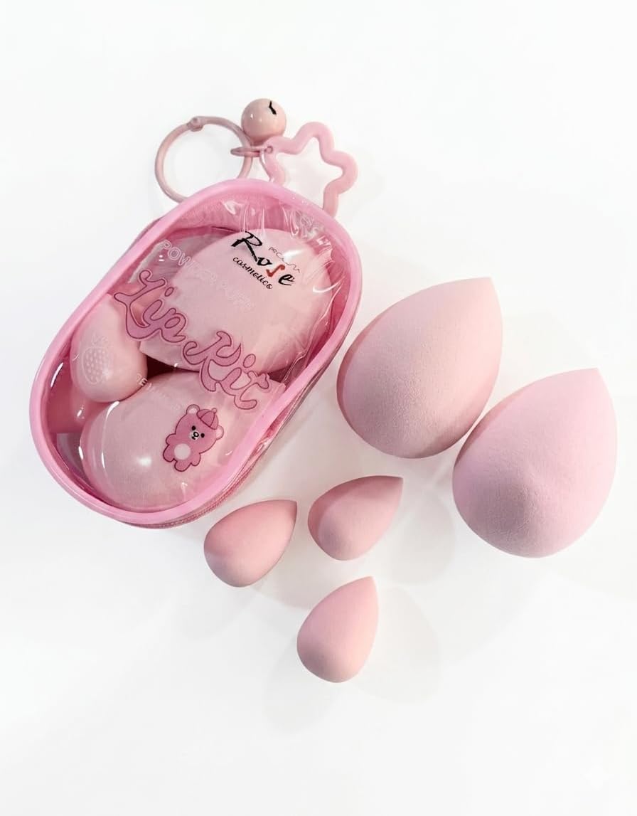 Rose Cosmetics 5'li Pembe Makyaj Süngeri Seti - Özel Fermuarlı Yıldız Anahtarlıklı Çanta Dahil - Fondöten, Kapatıcı ve Aydınlatıcı için Yumuşak Damla Süngerler - Kawaii Makyaj Aksesuarı