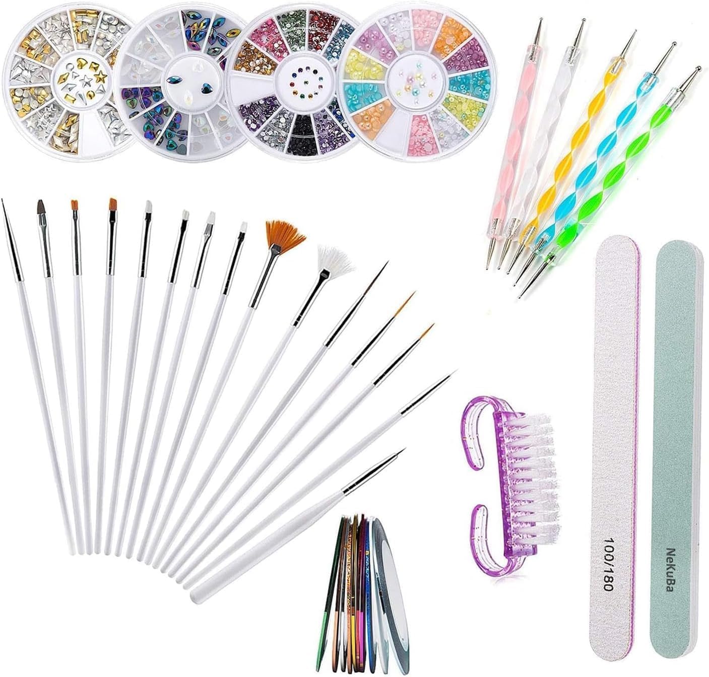 Nail Art Tırnak Süsleme sanatı tasarım seti, 37 adet, tırnak fırçası, şerit bant, noktalama kalemi, suni elmas taşlar, Tırnak Süsleri