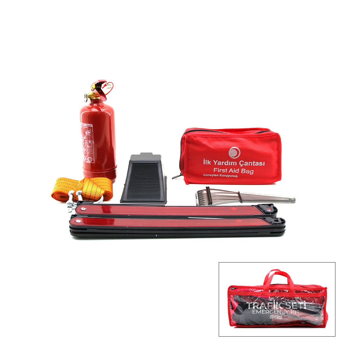 2Lİ Set 4 Gen Çanta 7PCS + 38PCS Oto Trafik Seti + İlk Yardım Seti Yangın TÜPÜ=1KG 2PCS Reflektör Bez Kemer Çekme HALAT=2.9MT Araç Takoz Buz Kazıma Set Çantası