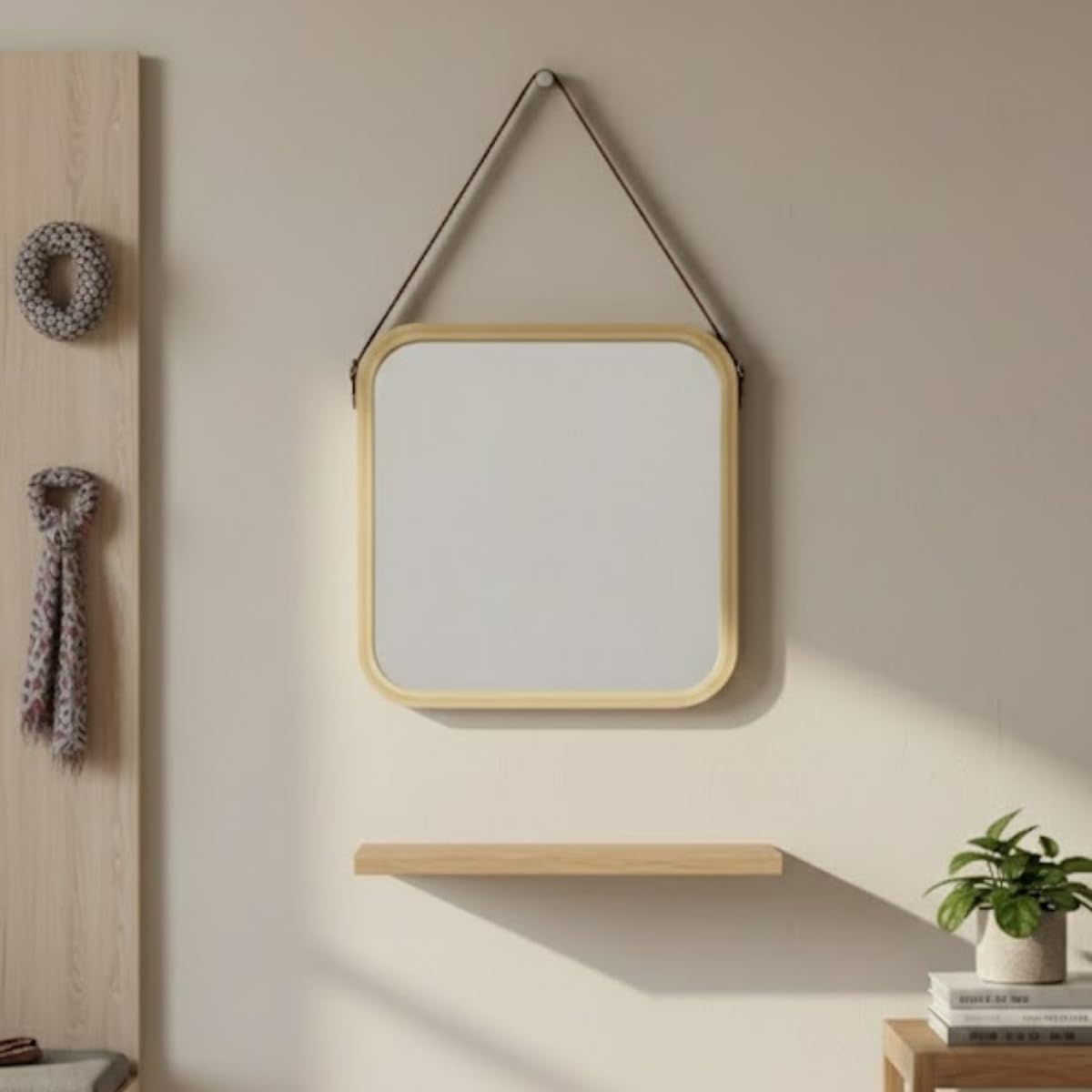 Askılı Ahşap Çerçeveli Kare Ayna 32x42 cm – Deri Askılı Duvar Aynası, Modern Minimal Dekoratif Ayna, Antre Banyo Yatak Odası İçin