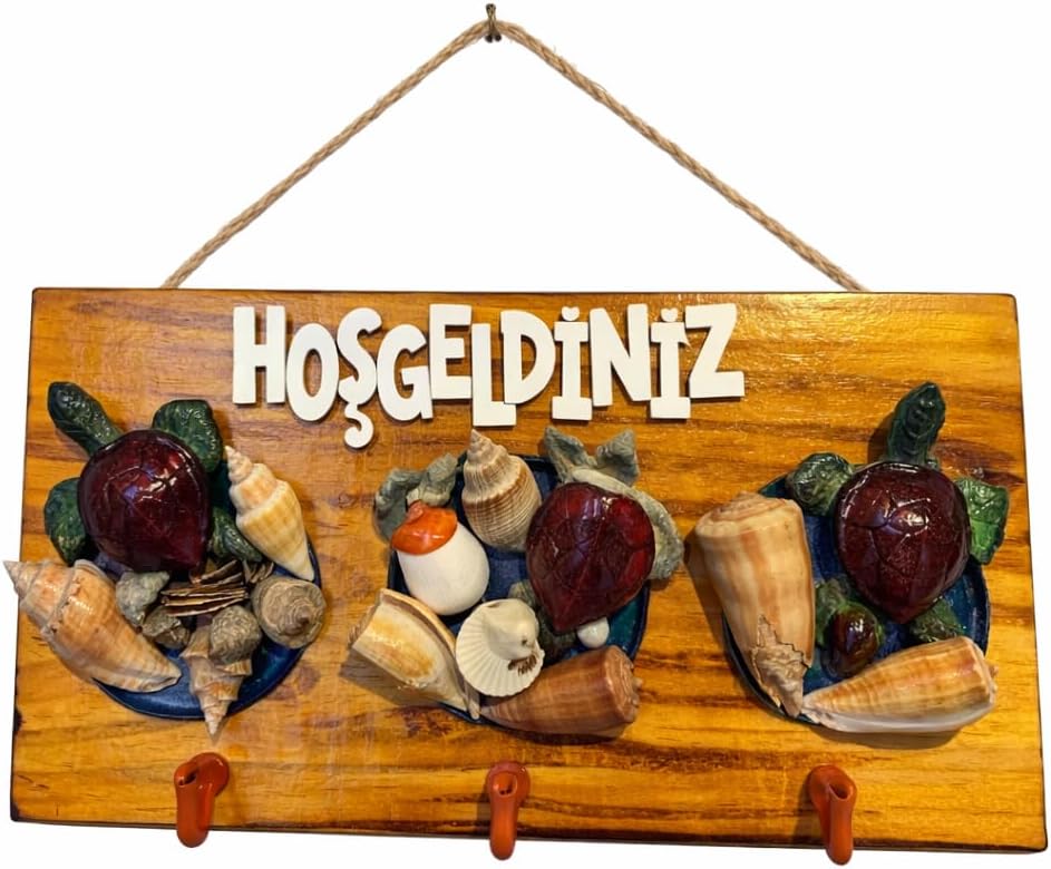 Deniz Kabuklu ve Kaplumbağa Figürlü Ahşap Duvar Anahtarlığı, Hoşgeldiniz Yazılı Dekoratif Askılık, Giriş Holü Kapı Süsü Ev Dekoru.