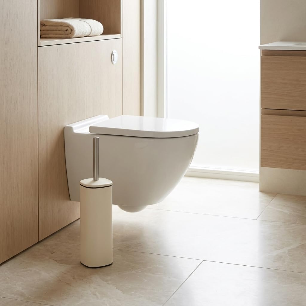 Paslanmaz Çelik Saplı WC Fırçalık Krem, Kapaklı Tuvalet Fırçası Seti, Hijyenik Saklama Hazneli Banyo ve WC Fırçası, Şık Krem Tasarım, 38,5 cm