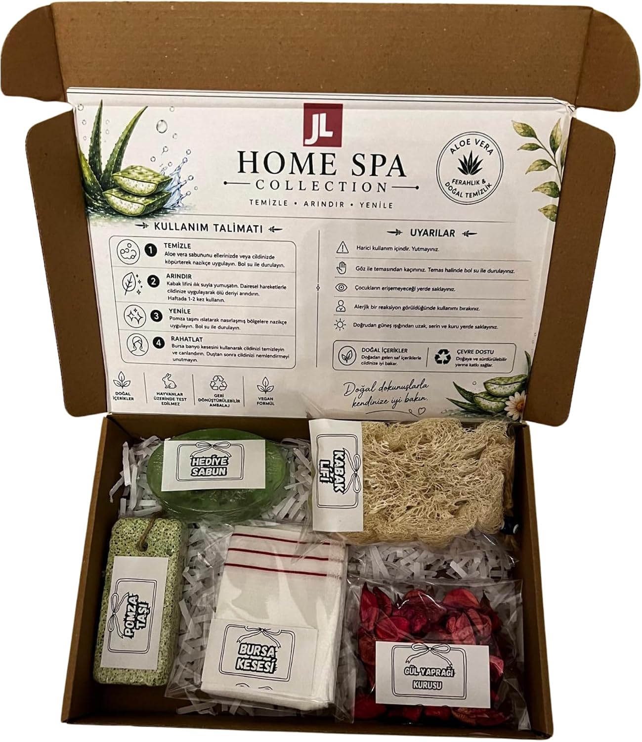 Natural Care Aloe Vera Sabun Hediyeli 4 Parçalı Doğal Cilt Bakım Seti, Kabak Lifi, Pomza Taşı, Bursa Kesesi, Kurutulmuş Gül Yaprağı