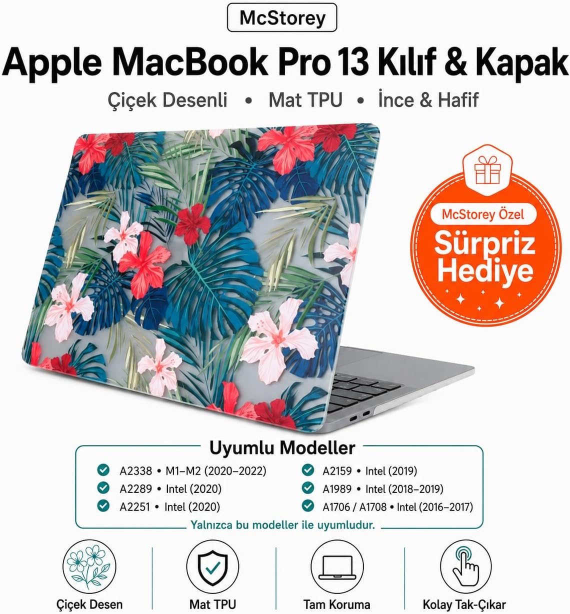 MacBook Pro 13 Çiçek Desenli Kılıf A1706 A1708 A1989 A2159 A2251 A2289 A2338 M1 M2 Uyumlu TPU Sert Kılıf İnce Hafif Koruyucu Kapak Yeşil