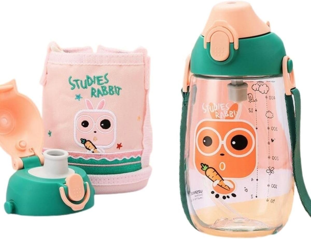 Küçük Boy 480Ml Kılıflı Askılı Pipetli/Pipetsiz Iki Ayrı Kapaklı Tritan Çocuk Matarası 6955482320247