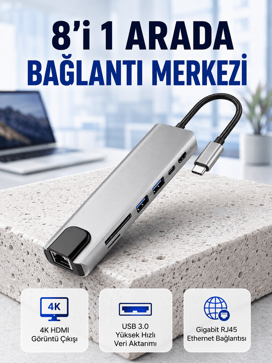 Seyahat Dostu 8‑in‑1 Hub – Şarj & Veri & Video & Ağ için Eksiksiz Çözüm (Kopya)