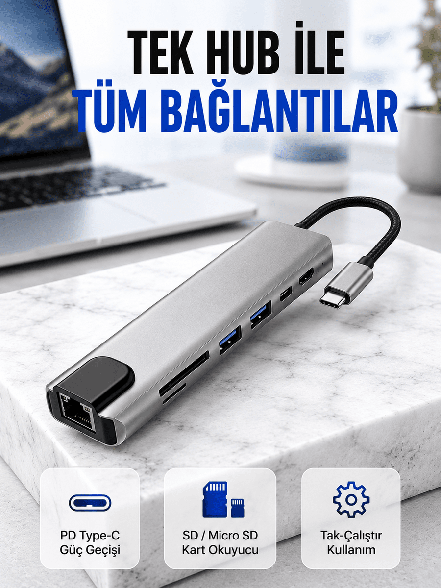 Alüminyum Gövdeli Type‑C HDMI & Ethernet Adaptör – Tak & Çalıştır