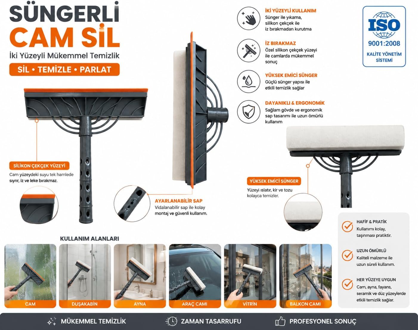 Süngerli Cam Sil | Çift Taraflı Silikon Çekçekli Cam Temizleme Aparatı | İz Bırakmayan Cam, Ayna, Duşakabin ve Araç Camı Temizleyici Cam Silme Mopu Çek Pas