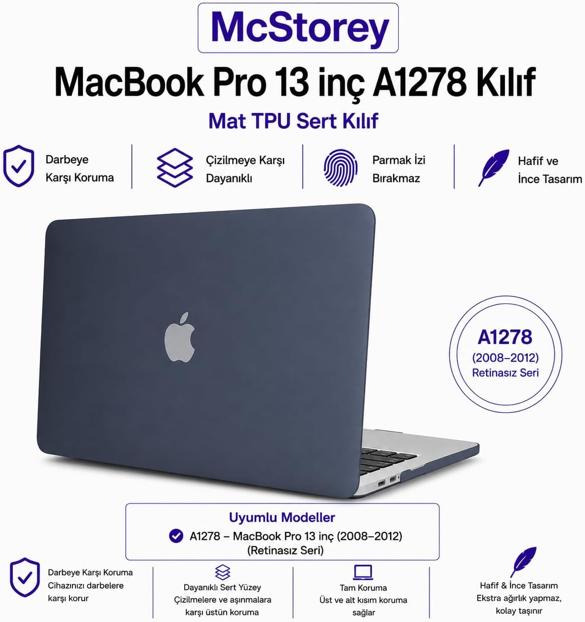 MacBook Pro Kılıf 13 inç A1278 2008 2009 2010 2011 2012 Uyumlu Mat Sert TPU Hardcase Çizilmez Darbeye Dayanıklı İnce Hafif Koruyucu Kapak Siyah
