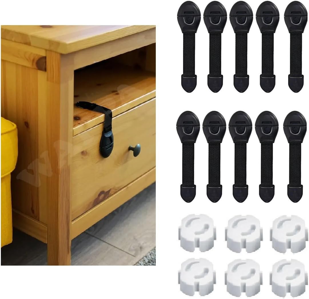 10 Çekmece Dolap Kilidi, 6 Priz Koruyucu Çocuk Bebek Güvenlik Emniyet Seti (Siyah SET)