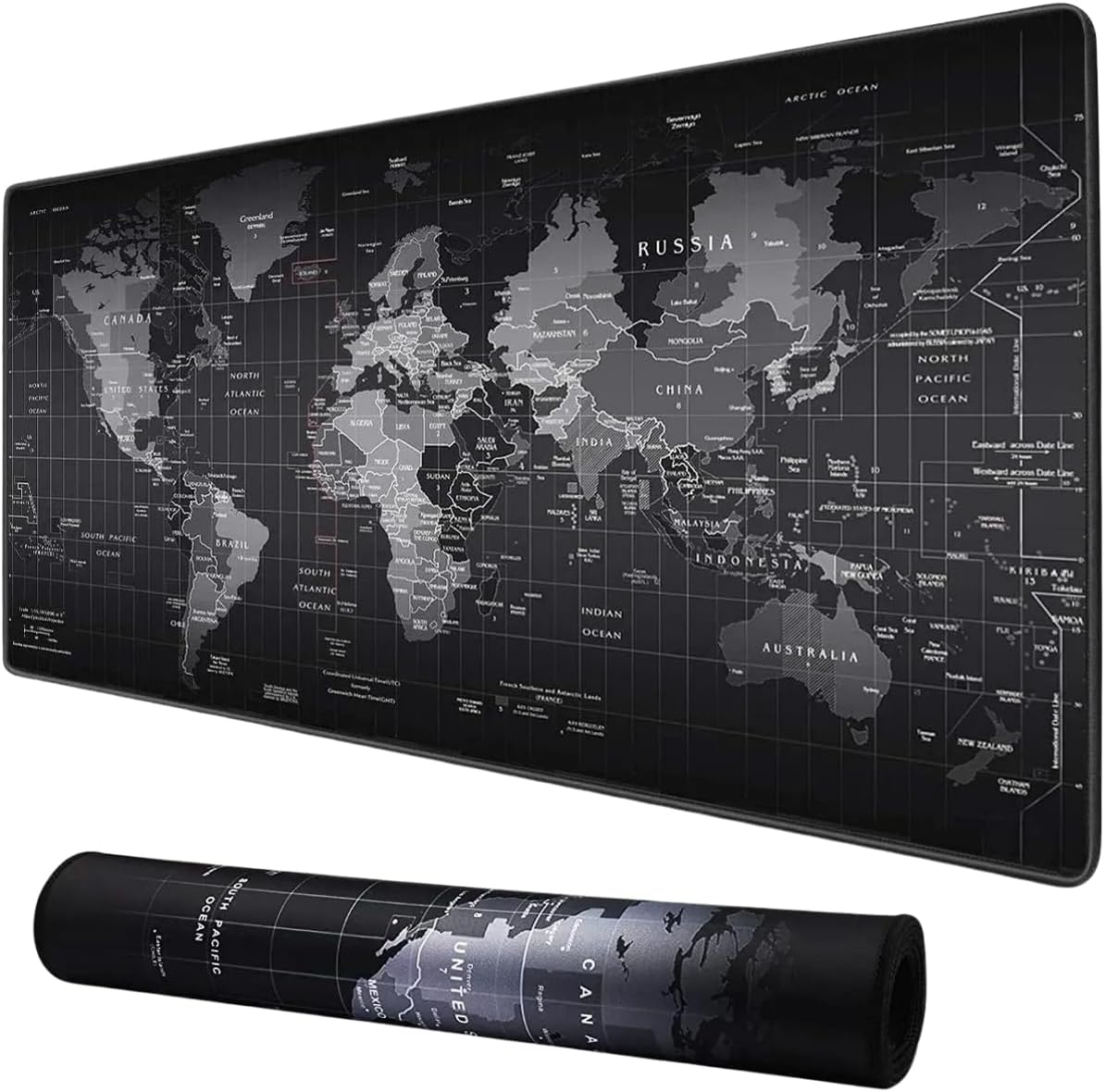 Dünya Haritası Mouse Pad 60x30 cm, Gaming Masa Pedi 3 mm, Kaymaz Kauçuk Tabanlı Desk Mat, Dikişli Kenar Kumaş Yüzey, Klavye ve Mouse Altlığı, Oyuncu ve Ofis Masası için Siyah