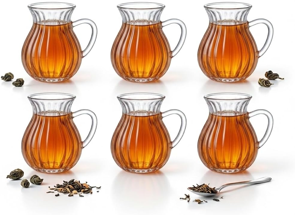 6'lı Kulplu Borosilikat Fitil Desenli Cam Çay Bardağı Seti - Şeffaf ve Isıya Dayanıklı Şık Çay Takımı 180ML