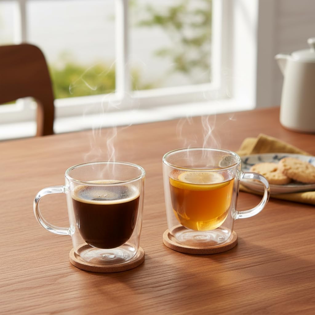 2'li Çift Cidarlı Kulplu Cam Fincan Seti - 100 ml Isıya Dayanıklı Espresso ve Türk Kahvesi Bardağı - El Yakmayan Modern Tasarım (2 Adet)