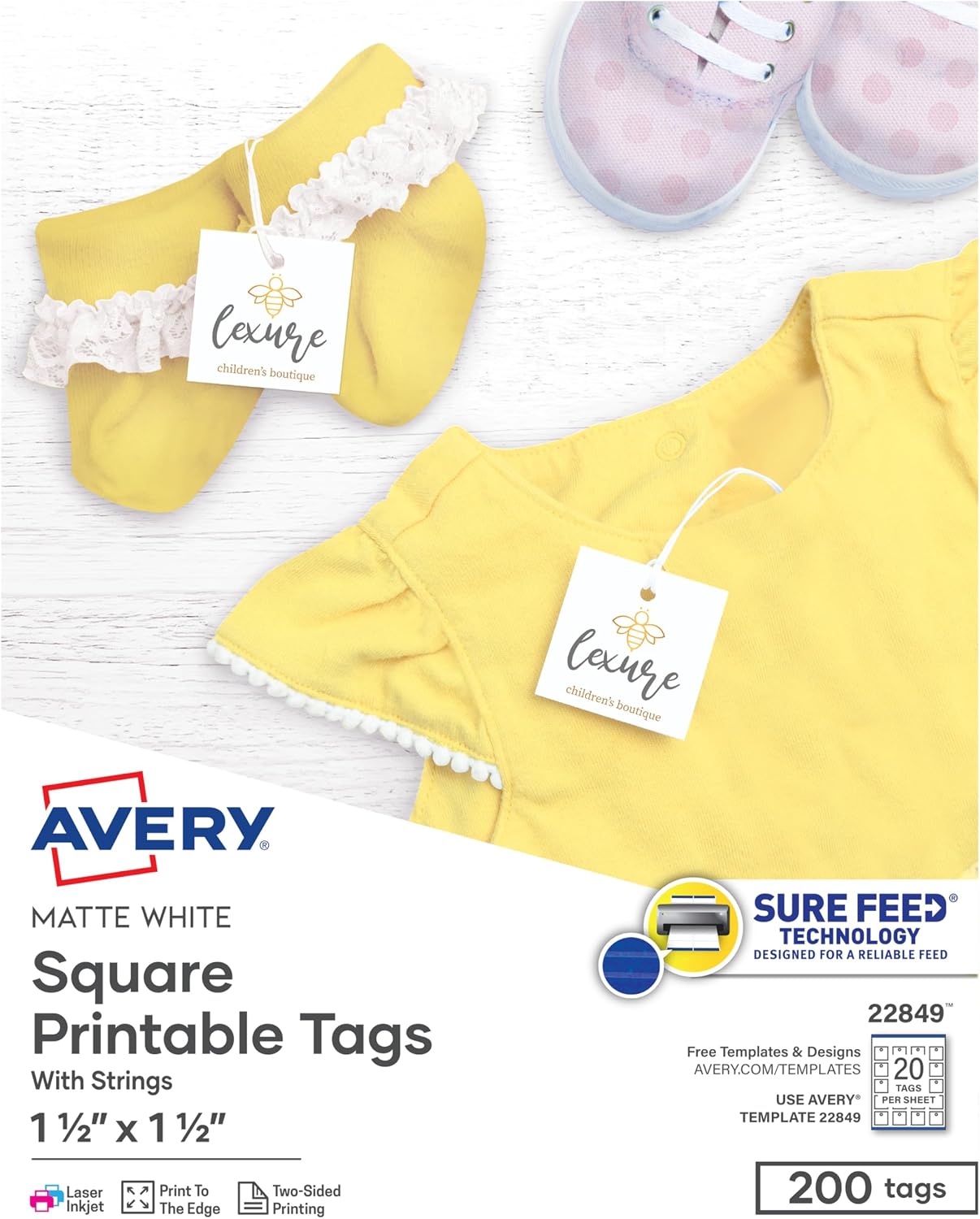 Yazdırılabilir Boş Kare Hediye Etiketleri, Sure Feed, 3,8 cm x 3,8 cm, Beyaz, 200 Özelleştirilebilir İpli Etiket (22849)