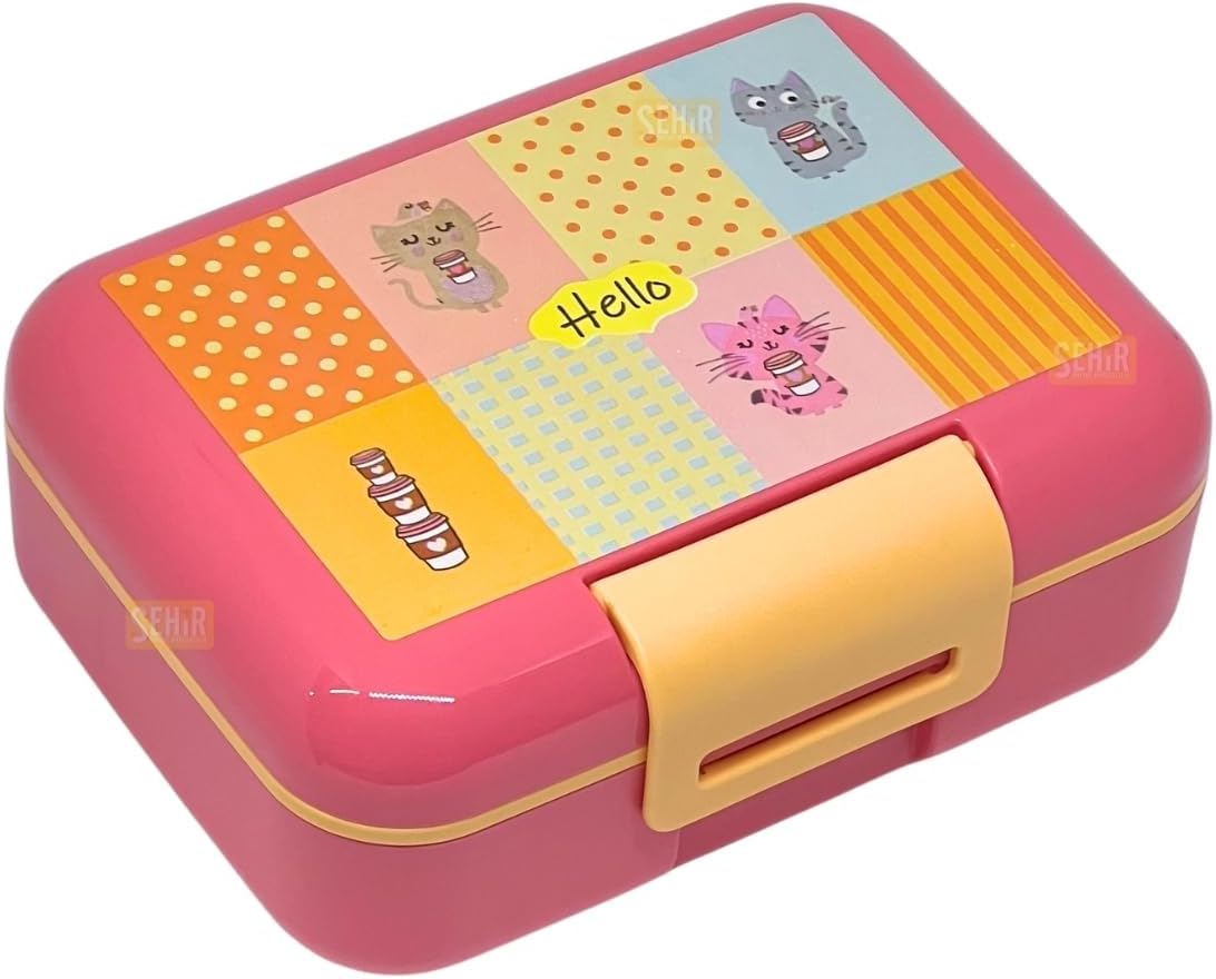 Bento 1600ml Lunchbox Sevimli Kedi Desenli Tek Katlı 2 Bölmeli PP Plastik Sefer Tası Yemek Kutusu