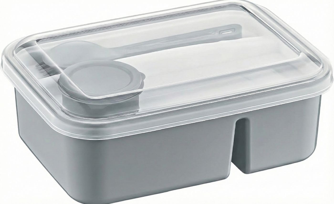 3 Bölmeli Beslenme Kabı 920 ml Sosluklu Sızdırmaz Kapaklı BPA İçermez Çatal Kaşık Dahil Lunch Box Bölmeli Yemek Kabı (Gri)