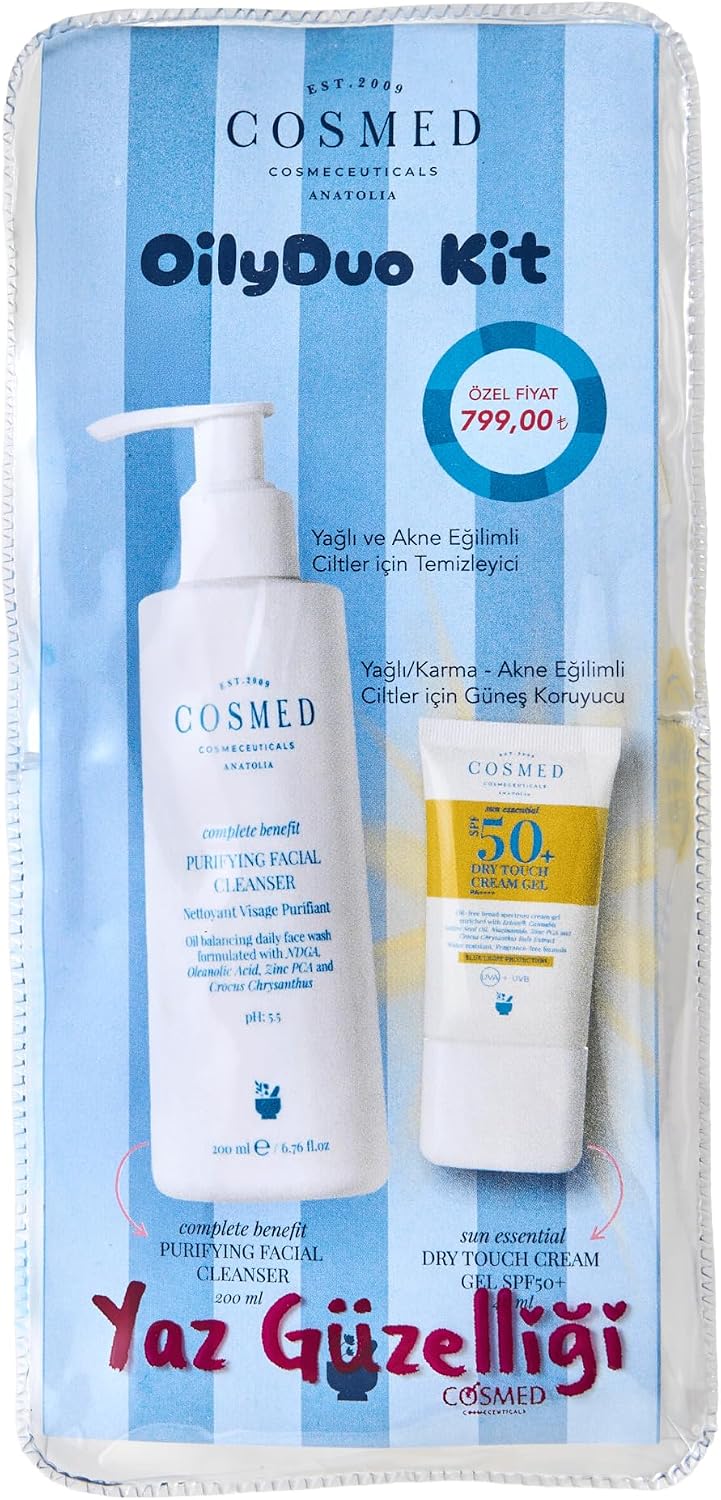 Cosmed Oily-Duo Kit Yağlı/Karma Ciltler için Arındırıcı Yüz Temizleyici 200 ml ve SPF50 Güneş Kremi 40 ml