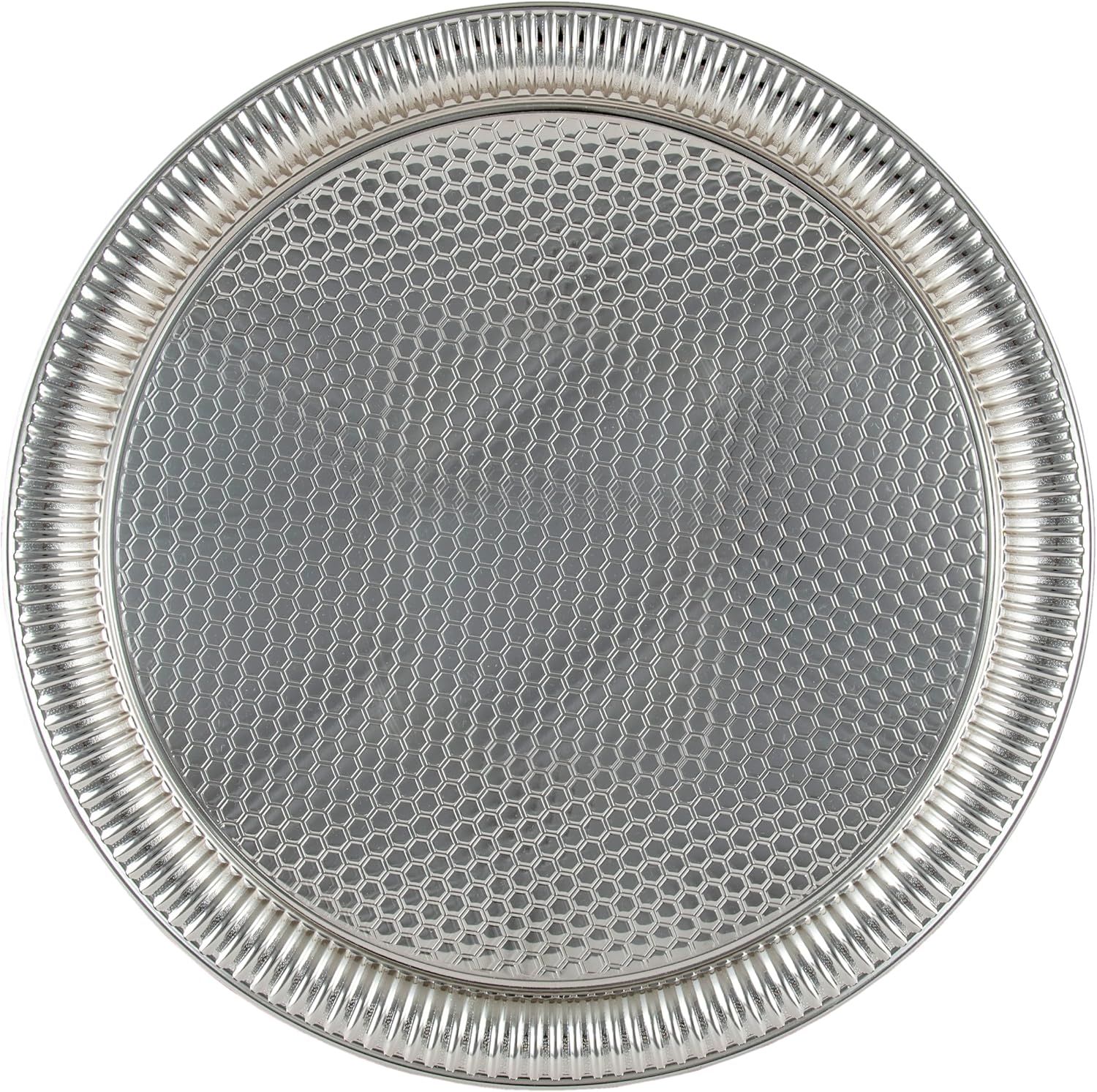 Osmanlı Motifli Yuvarlak Dövme Metal Servis Tepsisi – 6 Kişilik Sunum Tepsisi, 35 cm, 485 g, 5 Renk Seçeneği (Gümüş Grisi)