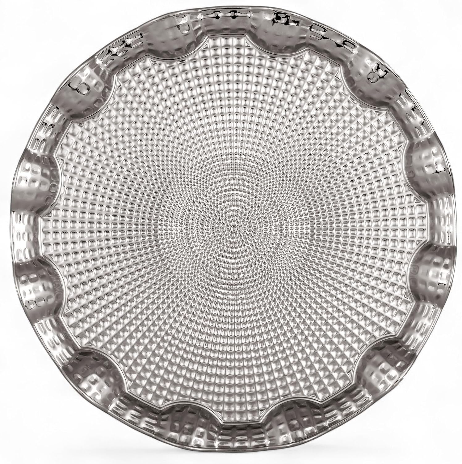 Osmanlı Motifli Yuvarlak Metal Servis Tepsisi – 6 Kişilik Sunum Tepsisi, 35 cm, 495 g, Gold ve Gümüş Renk Seçeneği (Gümüş Grisi)