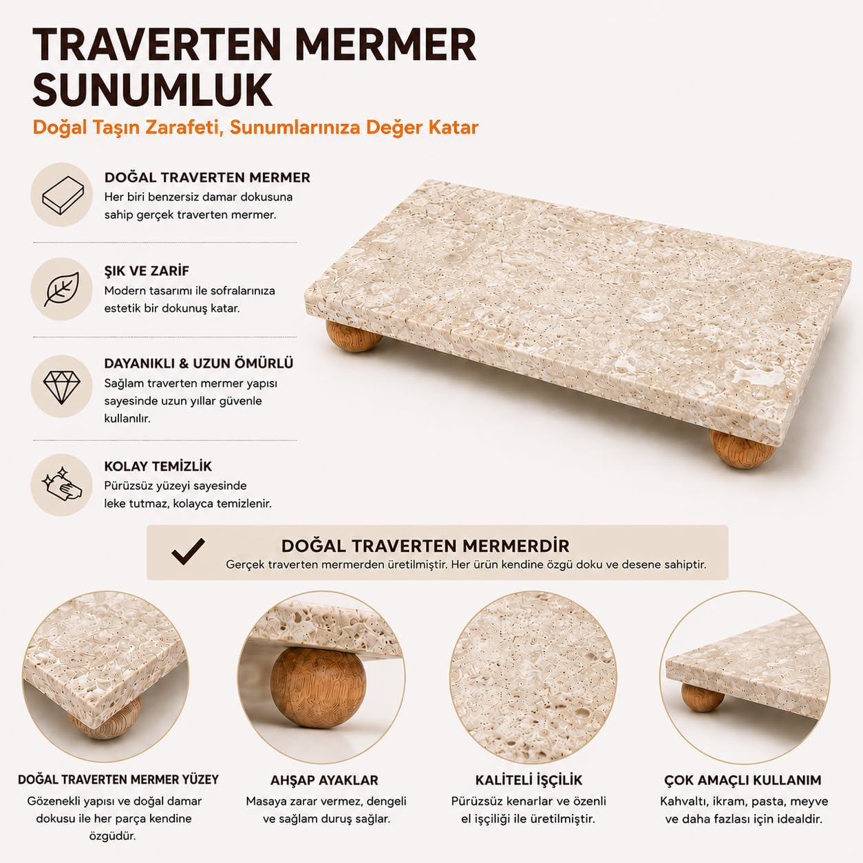 Traverten Mermer Sunumluk Ahşap Ayaklı Doğal Taş Sunum Tabağı Yağdanlık Altlığı Kahvaltılık Standı Dekoratif Tezgah Üstü Sunum Platformu 24x12 cm