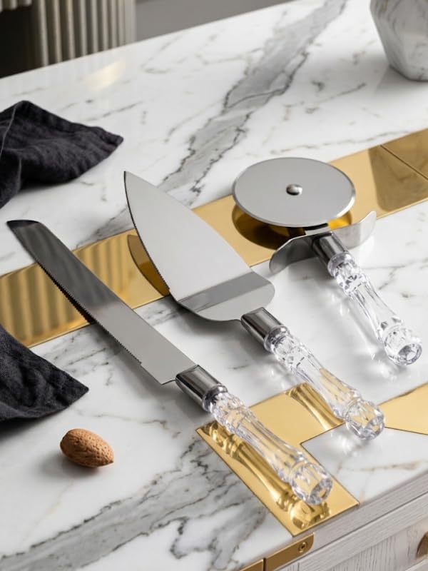 3lü Kristal Görünümlü Saplı Çelik Servis Seti Pizza Kesici Kek Bıçağı Pasta Spatulası