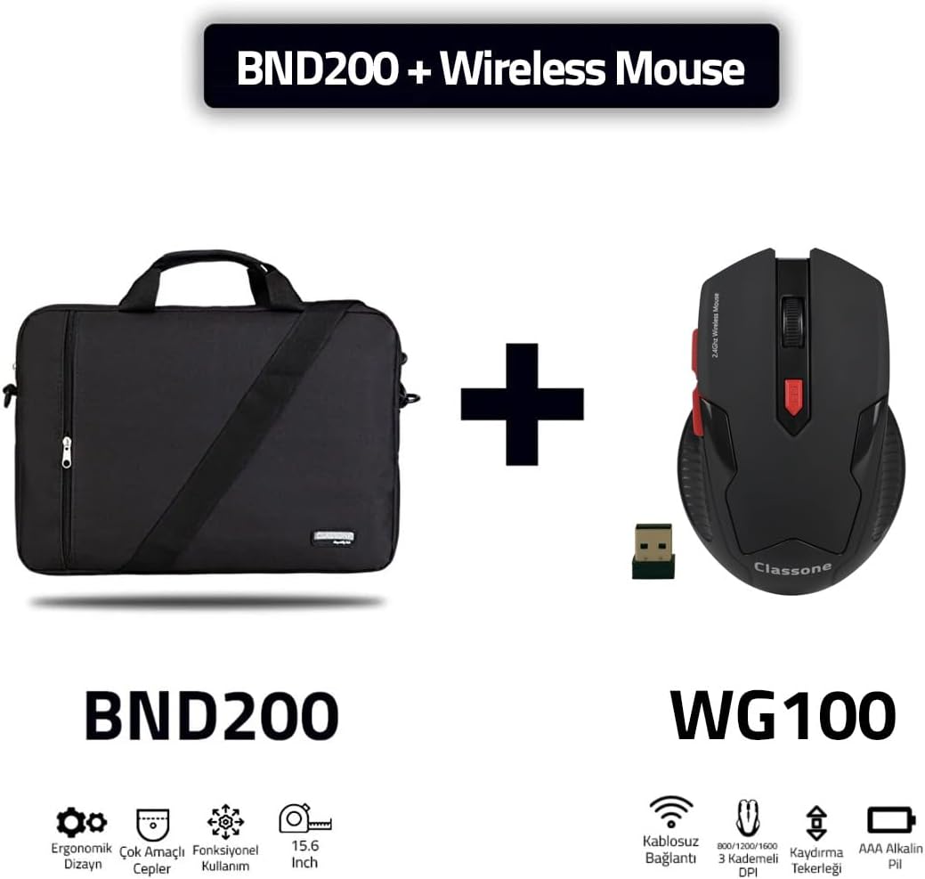 Classone BND200-WG100 MOUSE, 15,6 inch Eko Serisi Omuz Çantası ve Oyuncu Gaming Mouse - Siyah