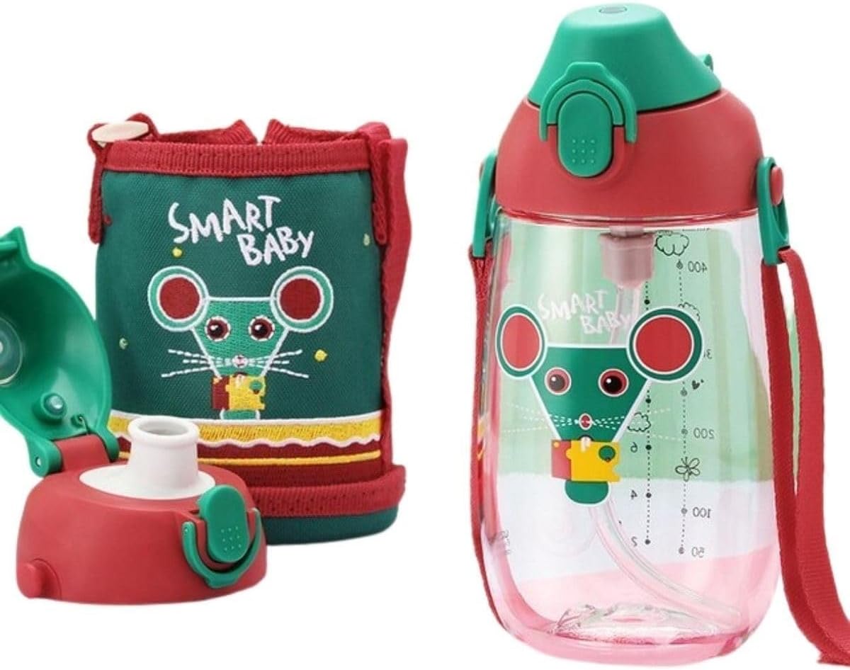Küçük Boy 480Ml Kılıflı Askılı Pipetli/Pipetsiz Iki Ayrı Kapaklı Tritan Çocuk Matarası 6955482320244