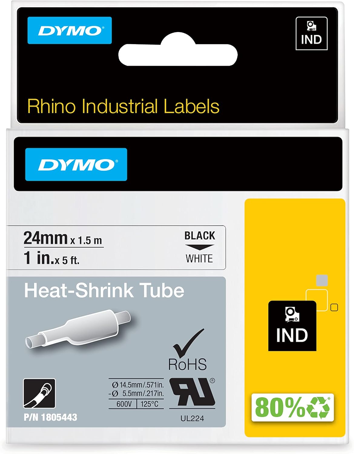 Rhino Industrial Daralan Kablo Etiketleri | 24 mm x 1,5 m | Beyaz Zemin Üzerine Siyah Yazı | Kendinden Yapışkanlı
