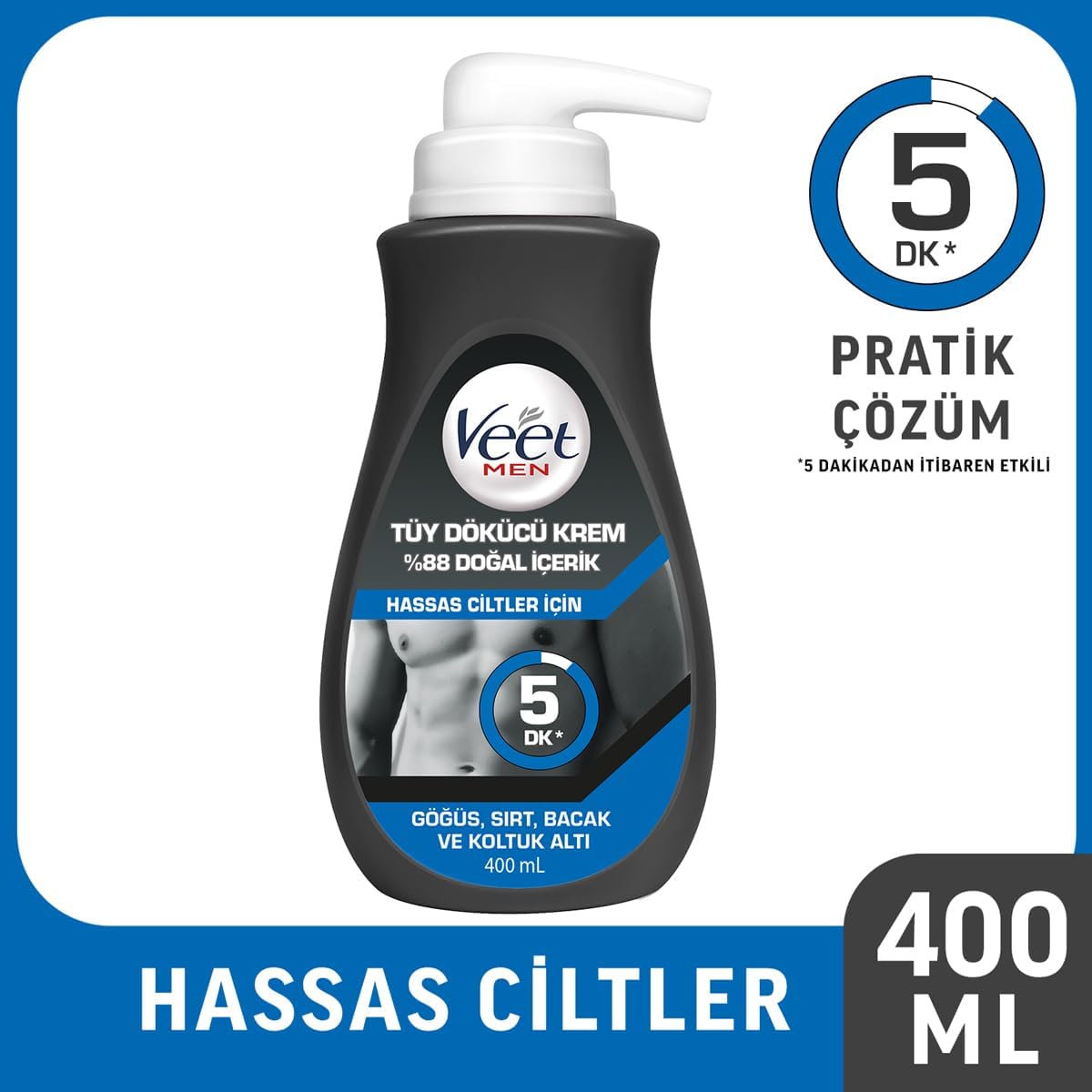 Men Hassas Ciltler İçin Tüy Dökücü Krem, Göğüs Sırt Bacak Ve Koltuk Altı,%88 Doğal İçerik Ve Ginseng Özlü, 400 ML