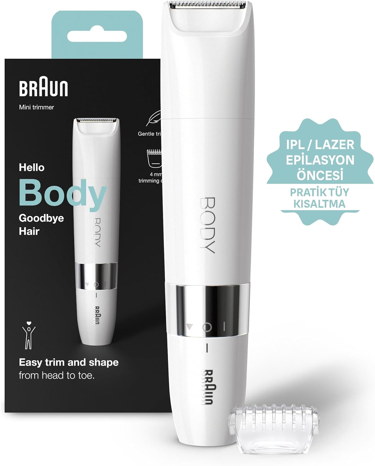 Body Mini Trimmer BS1000 Vücut Tüy Kesme Makinesi + Düzeltici Tarak, Pil ve Temizleme Fırçası