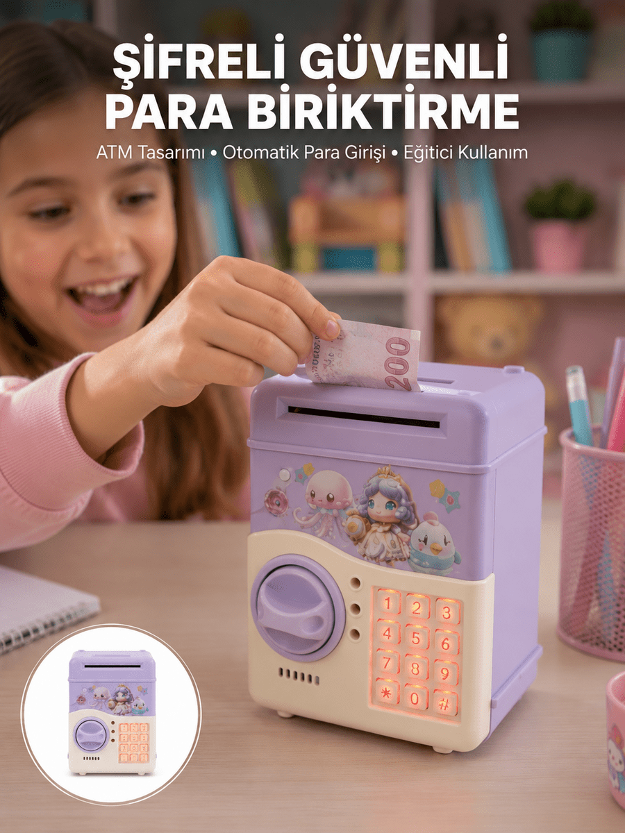 Çocuklar İçin Elektronik Şifreli Para Biriktirme Kumbarası Mor